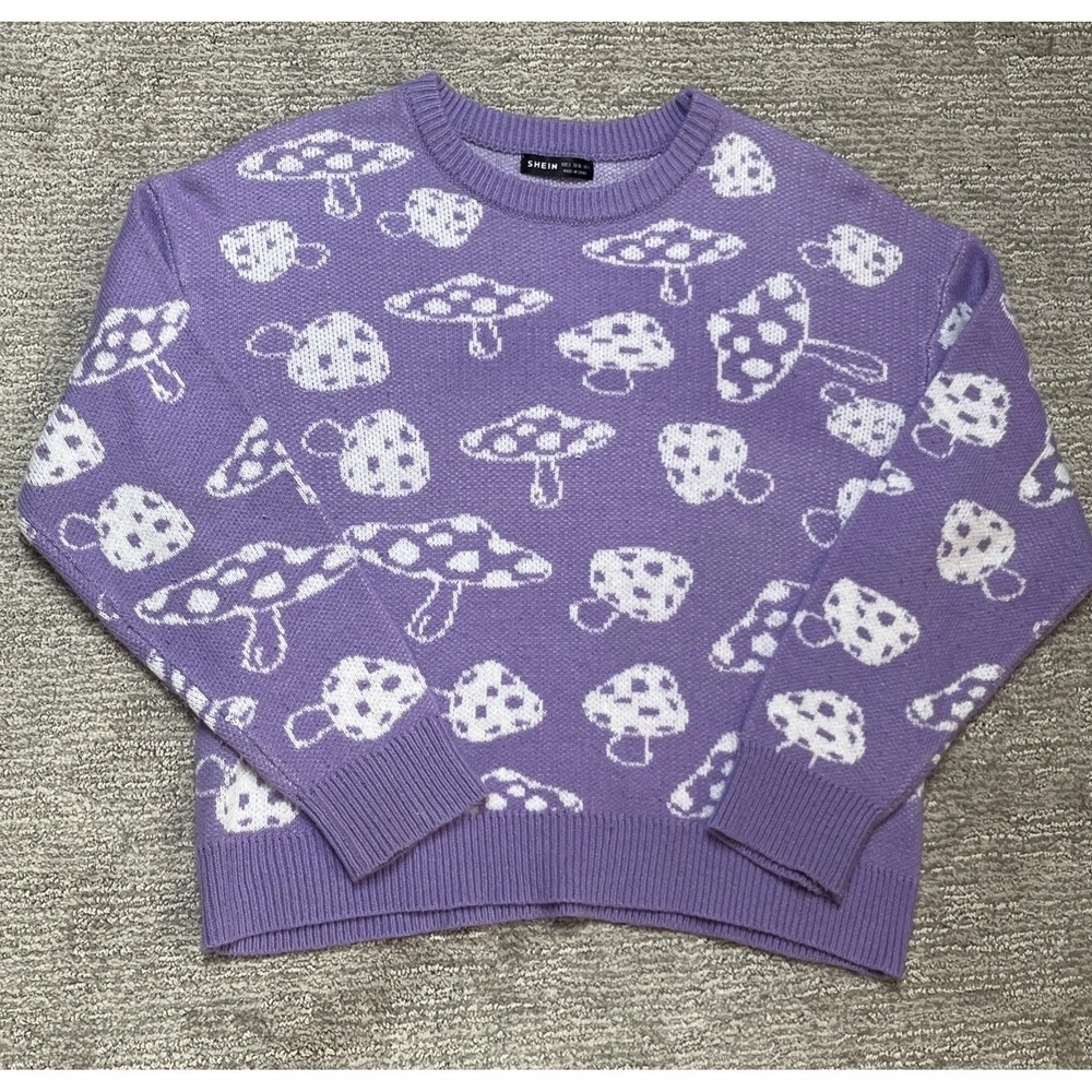SHEIN EZwear Mushroom Pattern Drop Shoulder Sweater Purple Lilac Size L